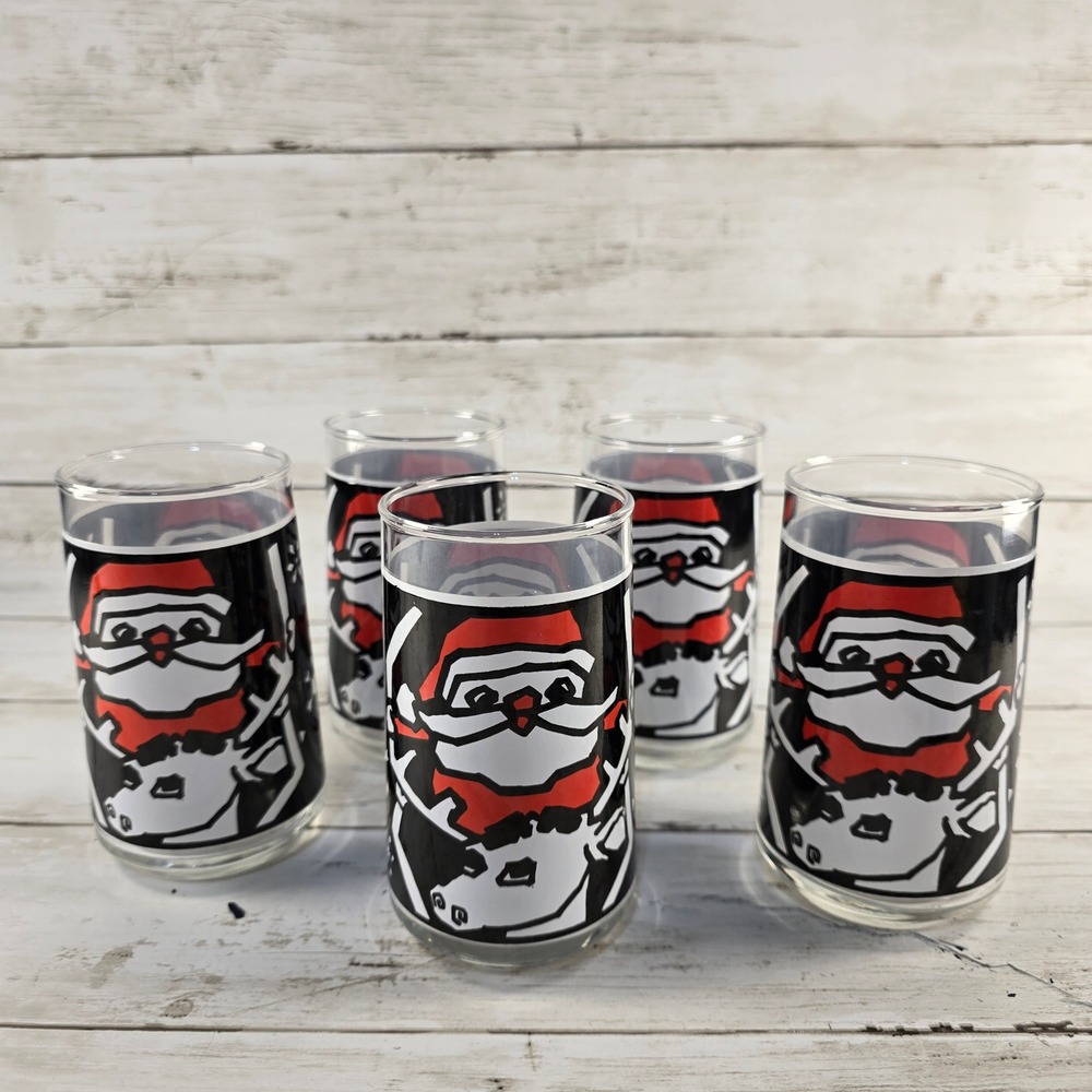 Vintage Santa Claus/Reindeer Juice Glasses Set of 5 Christmas Holiday Red Black